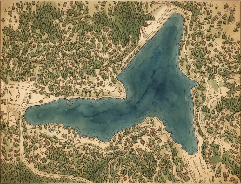 Illustrated map of Lake Gregory in Crestline, California