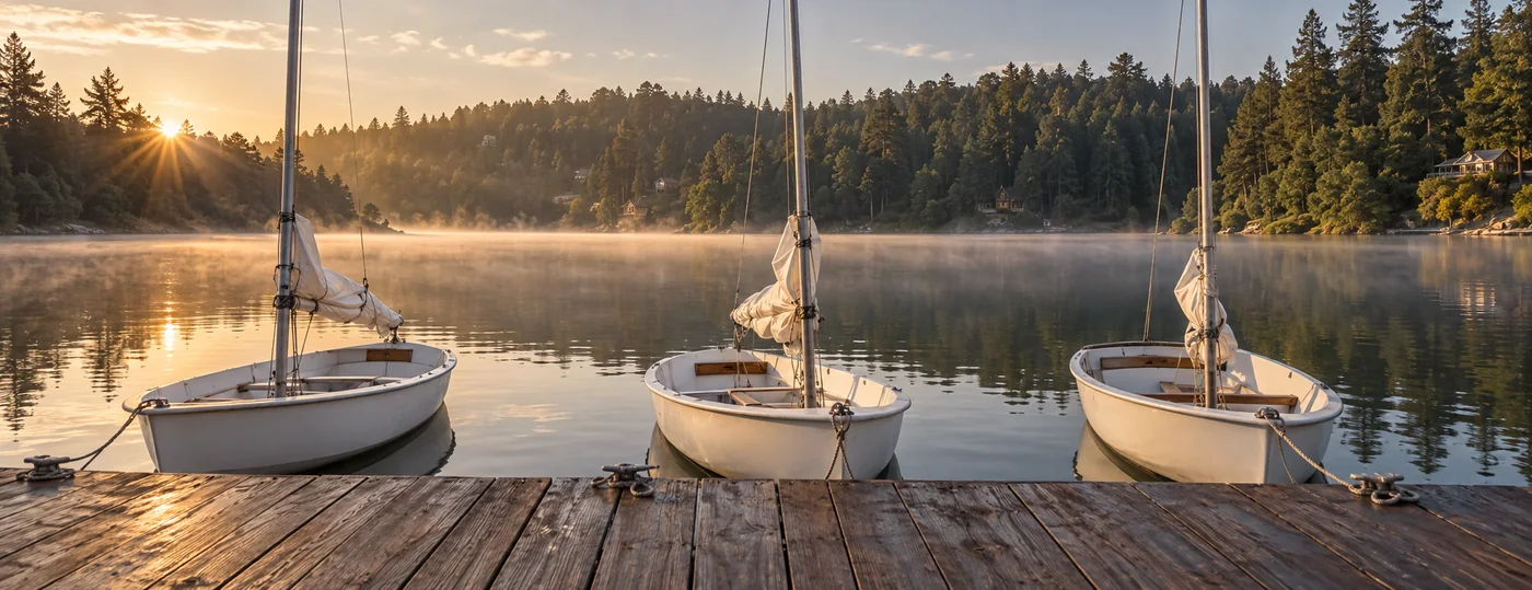Small sailing dinghies tied along a wooden dock on a misty mountain lake at sunrise