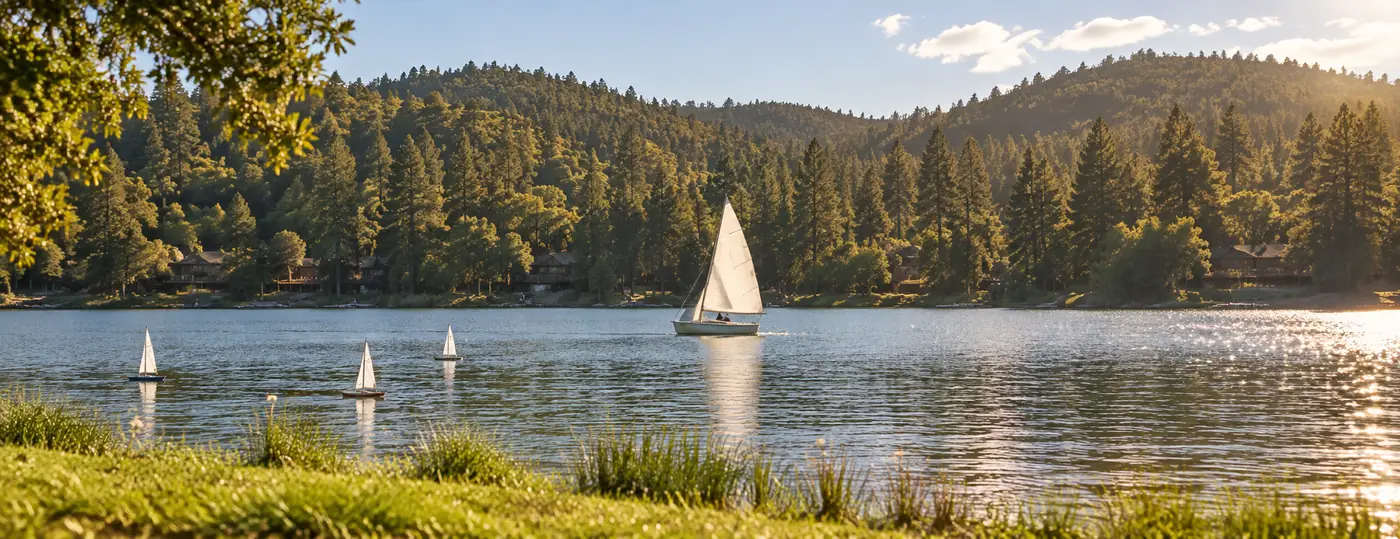 A dinghy and radio-controlled model sailboats on a pine-ringed lake, seen from the grassy shore